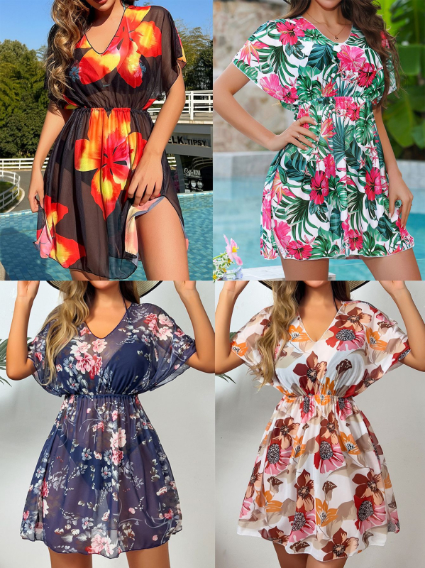 Acoperire pentru bikini din plasă, costum întreg cu mâneci scurte, imprimeu, talie cu strângere; poliester 82% / spandex 18%, 220 g/m², origine Xingcheng, cod model 1326527568