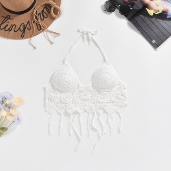 Μποέμικη βαμβακερή κοντή γιλέκα με κορδόνι στον λαιμό, χωρίς πλάτη, γεωμετρικό σχέδιο και κεντημένο ένθετο για το στήθος