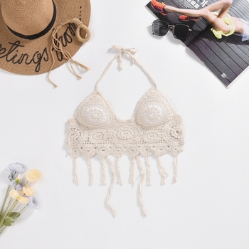 Μποέμικη βαμβακερή κοντή γιλέκα με κορδόνι στον λαιμό, χωρίς πλάτη, γεωμετρικό σχέδιο και κεντημένο ένθετο για το στήθος