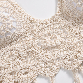 Μποέμικη βαμβακερή κοντή γιλέκα με κορδόνι στον λαιμό, χωρίς πλάτη, γεωμετρικό σχέδιο και κεντημένο ένθετο για το στήθος