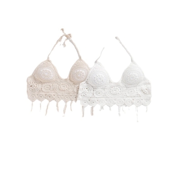 Μποέμικη βαμβακερή κοντή γιλέκα με κορδόνι στον λαιμό, χωρίς πλάτη, γεωμετρικό σχέδιο και κεντημένο ένθετο για το στήθος