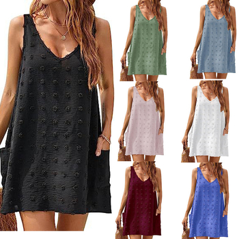 Дамски безръкав топ с V-образно деколте, свободна кройка, жакардова тъкан, полиестер 90–95%, еднотонен модел, уличен стил