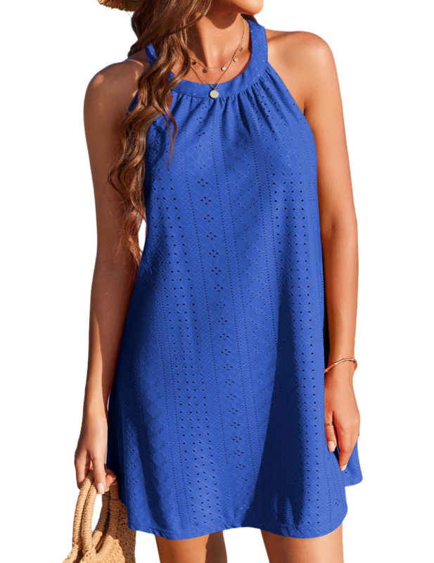 Rochie de damă fără mâneci, halterneck, croșetată cu modelul gol, croială A-line, lungime midi, poliester cu elastan sub 30%
