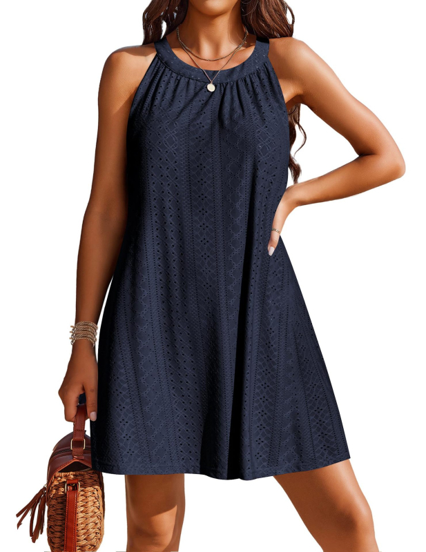 Rochie de damă fără mâneci, halterneck, croșetată cu modelul gol, croială A-line, lungime midi, poliester cu elastan sub 30%