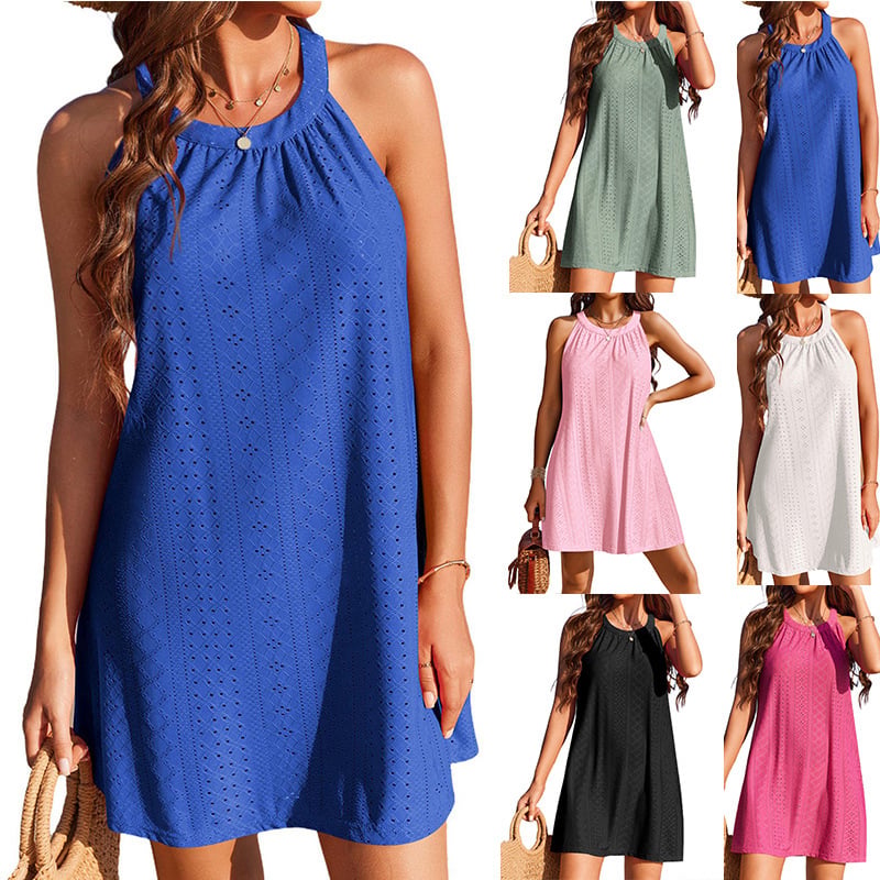 Rochie de damă fără mâneci, halterneck, croșetată cu modelul gol, croială A-line, lungime midi, poliester cu elastan sub 30%