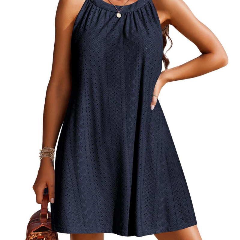 Rochie de damă fără mâneci, halterneck, croșetată cu modelul gol, croială A-line, lungime midi, poliester cu elastan sub 30%
