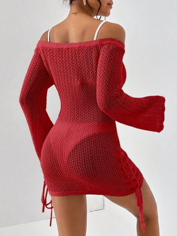 Pulover tricotat din poliester, cu model decupat, mâneci lungi, guler rotund, lungime medie