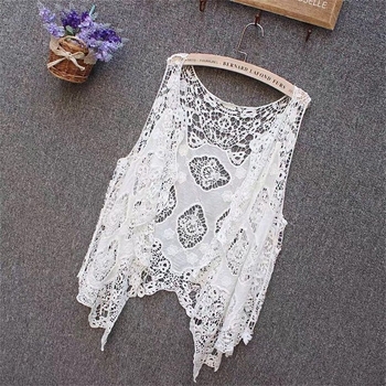 Top cardigan boem fără mâneci cu decolteu în V, bumbac, model geometric brodat