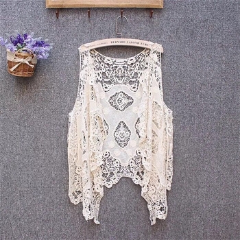 Top cardigan boem fără mâneci cu decolteu în V, bumbac, model geometric brodat