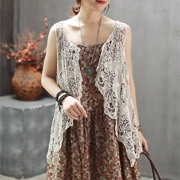 Top cardigan boem fără mâneci cu decolteu în V, bumbac, model geometric brodat