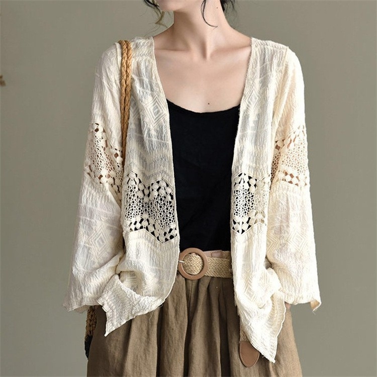 Top cardigan boem fără mâneci cu decolteu în V, bumbac, model geometric brodat