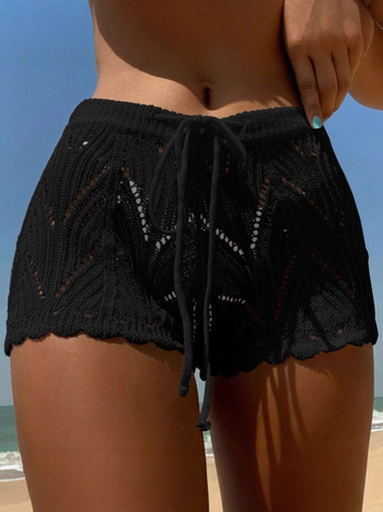 Къси панталони с прозрачно плетиво и връзки, висока талия, тънък плат, микроеластичност, полиестер/акрил смес