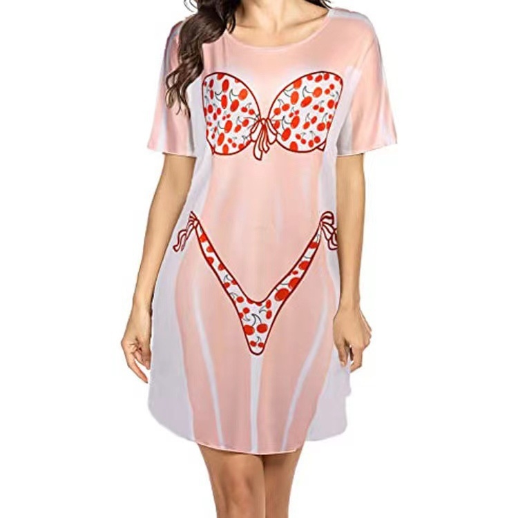 Rochie-tip tricou cu imprimeu geometric, croială lejeră, material milk silk, amestec poliester-spandex, guler U, stil set dublu-făcut fals