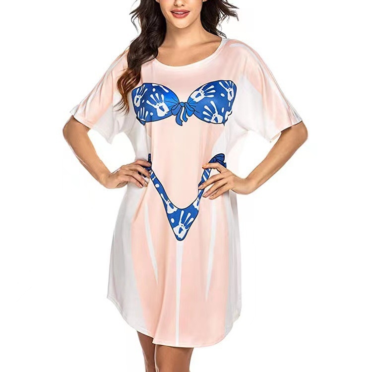 Rochie-tip tricou cu imprimeu geometric, croială lejeră, material milk silk, amestec poliester-spandex, guler U, stil set dublu-făcut fals