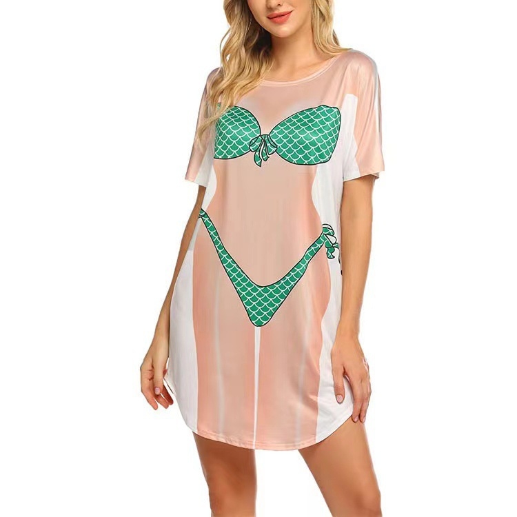 Rochie-tip tricou cu imprimeu geometric, croială lejeră, material milk silk, amestec poliester-spandex, guler U, stil set dublu-făcut fals