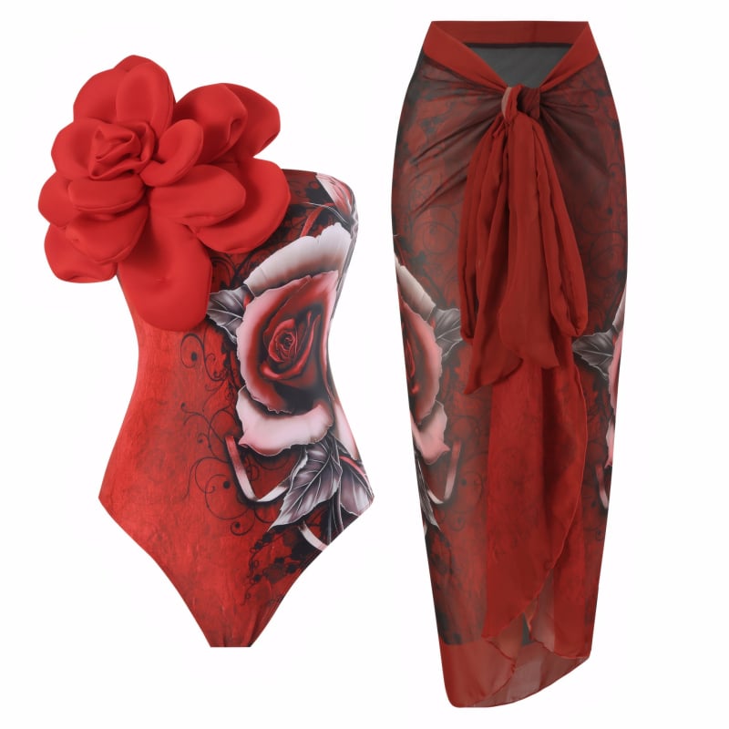 Costum de baie întreg cu fustă din chiffon wrap, de un singur umăr, imprimeu floral mare, talie înaltă, bureți pentru bust