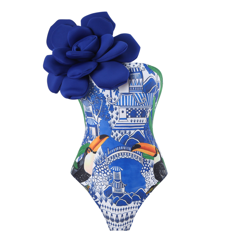 Costum de baie întreg cu fustă din chiffon wrap, de un singur umăr, imprimeu floral mare, talie înaltă, bureți pentru bust