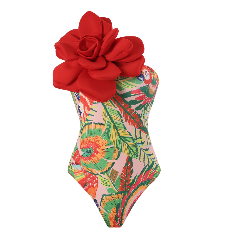 Costum de baie întreg cu fustă din chiffon wrap, de un singur umăr, imprimeu floral mare, talie înaltă, bureți pentru bust