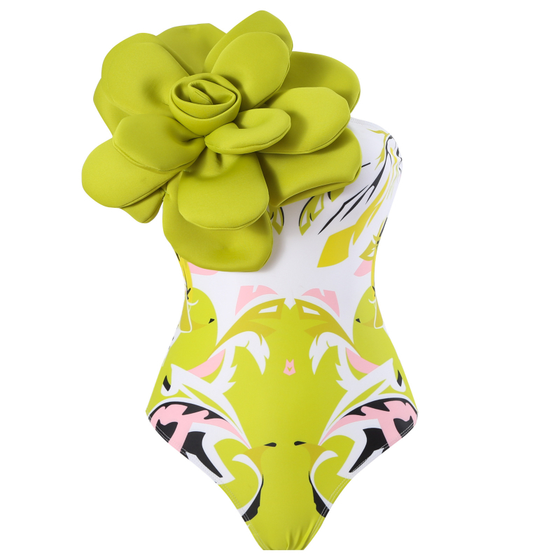 Costum de baie întreg cu fustă din chiffon wrap, de un singur umăr, imprimeu floral mare, talie înaltă, bureți pentru bust
