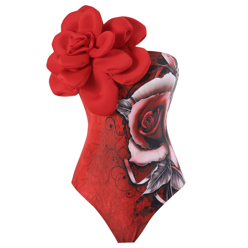 Costum de baie întreg cu fustă din chiffon wrap, de un singur umăr, imprimeu floral mare, talie înaltă, bureți pentru bust