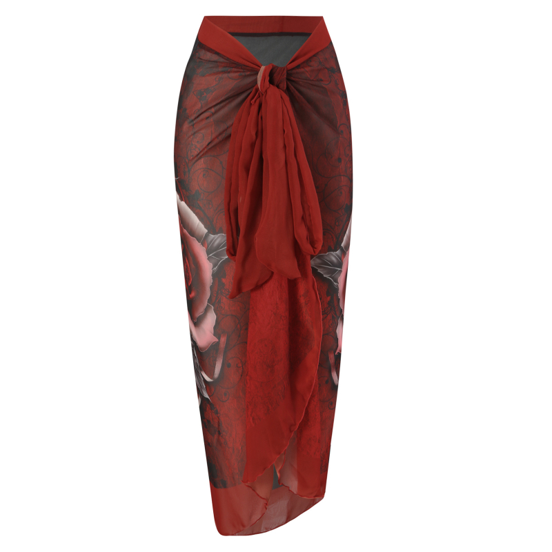 Costum de baie întreg cu fustă din chiffon wrap, de un singur umăr, imprimeu floral mare, talie înaltă, bureți pentru bust