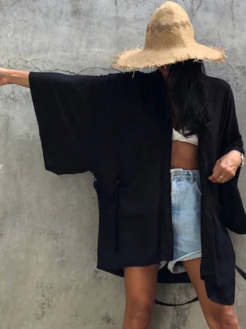 Ženski plažni kardigan kimono s zaštitom od sunca — tkanina od pamukasto-mješavine, podstava 100% pamuk, gustoća platna 220 g/m², pogodna za plivanje i vodene sportove