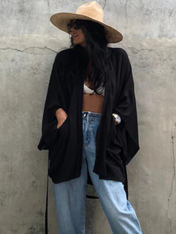 Ženski plažni kardigan kimono s zaštitom od sunca — tkanina od pamukasto-mješavine, podstava 100% pamuk, gustoća platna 220 g/m², pogodna za plivanje i vodene sportove