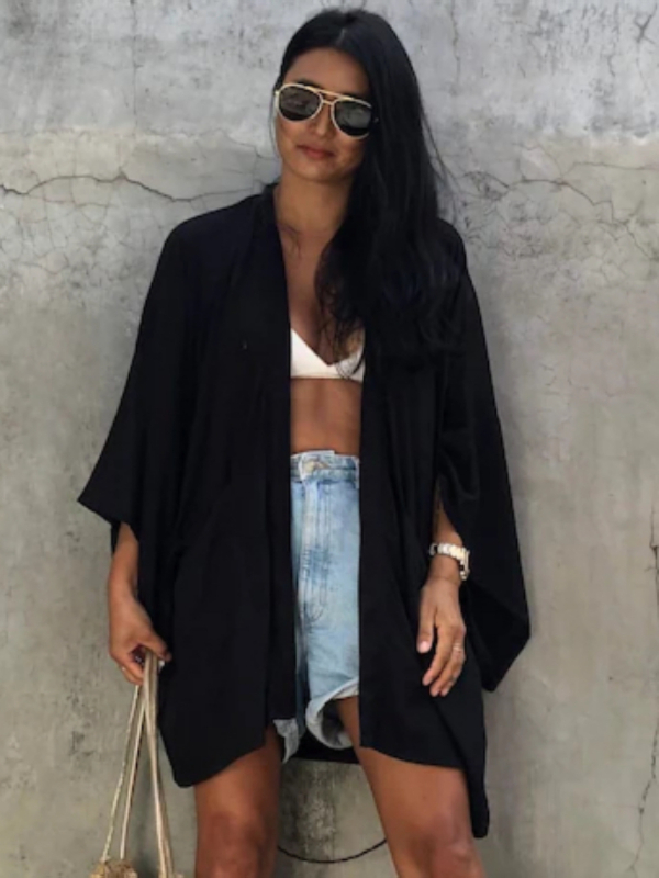 Ženski plažni kardigan kimono s zaštitom od sunca — tkanina od pamukasto-mješavine, podstava 100% pamuk, gustoća platna 220 g/m², pogodna za plivanje i vodene sportove