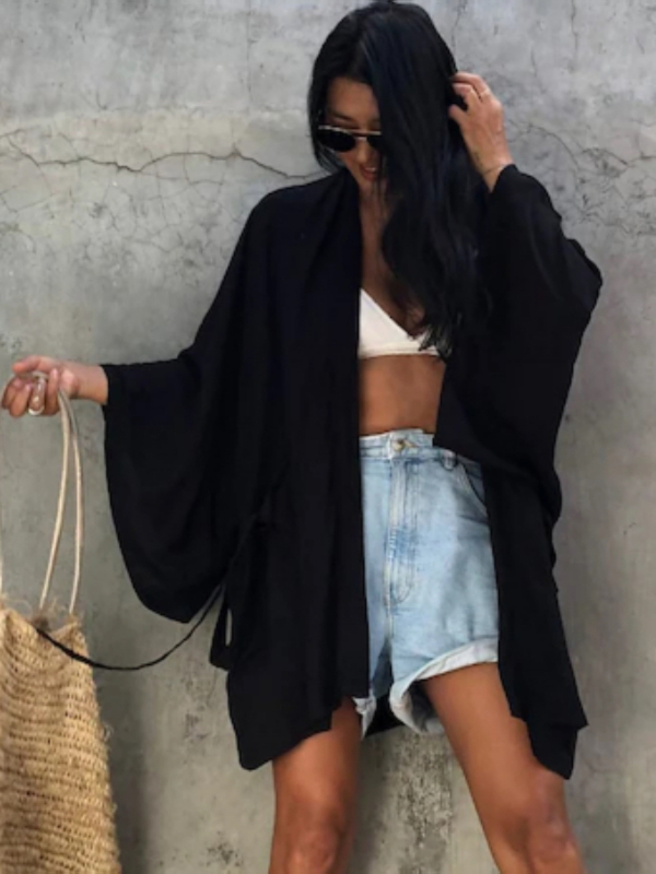 Ženski plažni kardigan kimono s zaštitom od sunca — tkanina od pamukasto-mješavine, podstava 100% pamuk, gustoća platna 220 g/m², pogodna za plivanje i vodene sportove