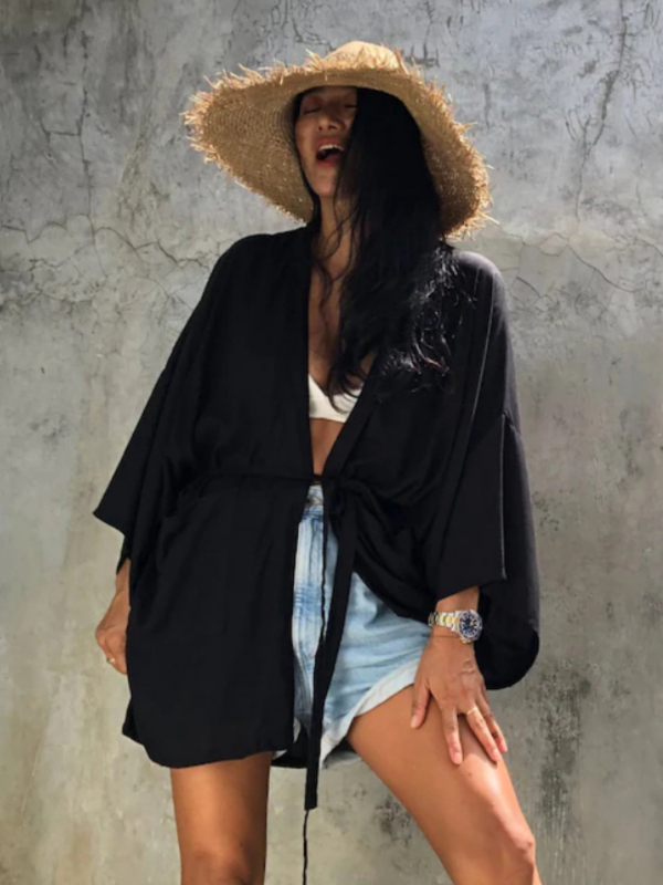 Ženski plažni kardigan kimono s zaštitom od sunca — tkanina od pamukasto-mješavine, podstava 100% pamuk, gustoća platna 220 g/m², pogodna za plivanje i vodene sportove