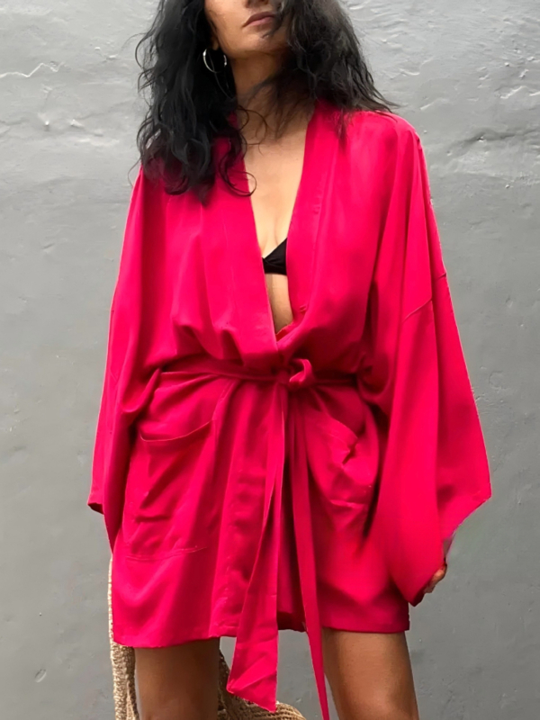 Ženski plažni kardigan kimono s zaštitom od sunca — tkanina od pamukasto-mješavine, podstava 100% pamuk, gustoća platna 220 g/m², pogodna za plivanje i vodene sportove