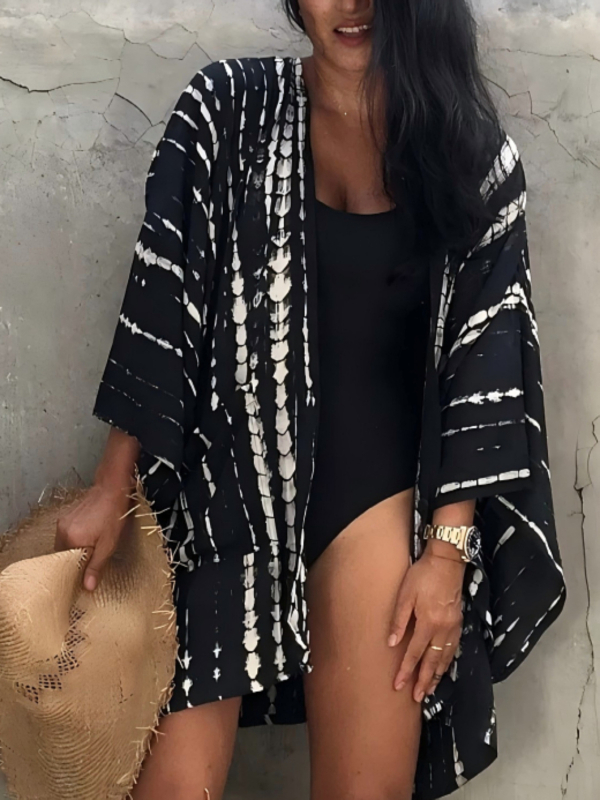 Ženski plažni kardigan kimono s zaštitom od sunca — tkanina od pamukasto-mješavine, podstava 100% pamuk, gustoća platna 220 g/m², pogodna za plivanje i vodene sportove