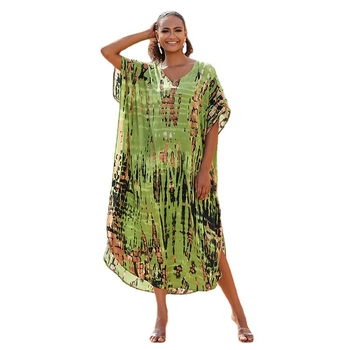 Παραθαλάσσιο κάλυμμα με V‑λαιμό και μακρύ ρόμπα, gradient μοτίβο; εξωτερικό ύφασμα rayon με 100% βαμβάκι; επένδυση rayon με 100% βαμβάκι; 300 g/m²; κατάλληλο για κολύμβηση