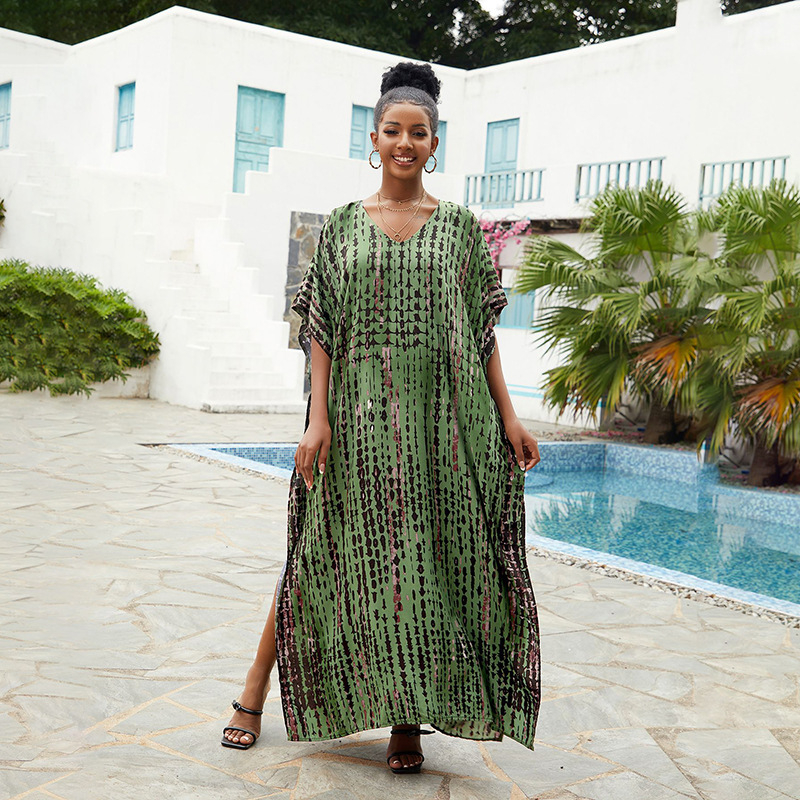 Cover-up de plajă cu decolteu în V, robă lungă, model gradient; țesătură exterioară rayon cu 100% bumbac; căptușeală rayon cu 100% bumbac; 300 g/m²; pentru înot