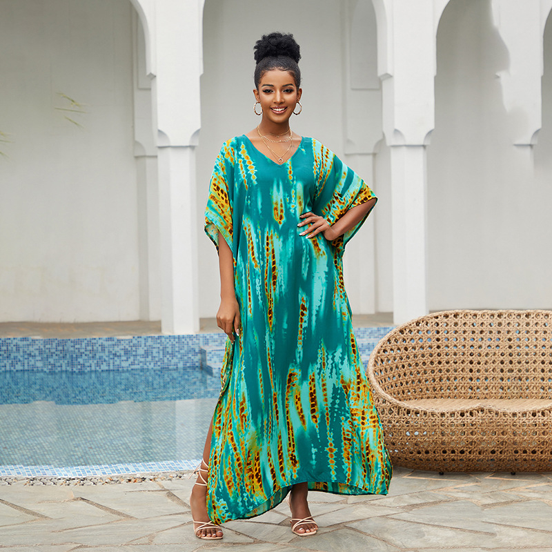 Cover-up de plajă cu decolteu în V, robă lungă, model gradient; țesătură exterioară rayon cu 100% bumbac; căptușeală rayon cu 100% bumbac; 300 g/m²; pentru înot