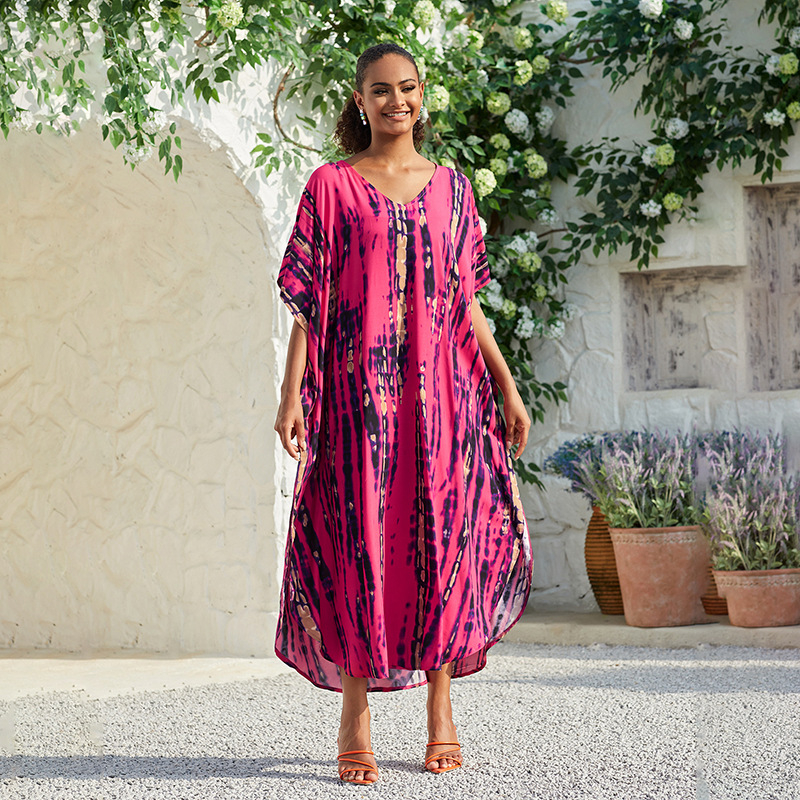 Cover-up de plajă cu decolteu în V, robă lungă, model gradient; țesătură exterioară rayon cu 100% bumbac; căptușeală rayon cu 100% bumbac; 300 g/m²; pentru înot