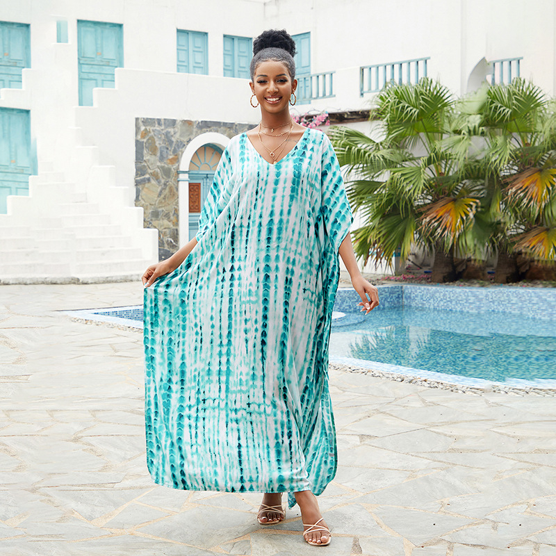 Cover-up de plajă cu decolteu în V, robă lungă, model gradient; țesătură exterioară rayon cu 100% bumbac; căptușeală rayon cu 100% bumbac; 300 g/m²; pentru înot