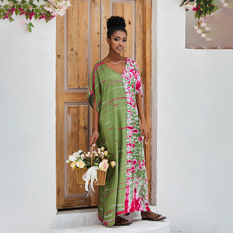 Cover-up de plajă cu decolteu în V, robă lungă, model gradient; țesătură exterioară rayon cu 100% bumbac; căptușeală rayon cu 100% bumbac; 300 g/m²; pentru înot