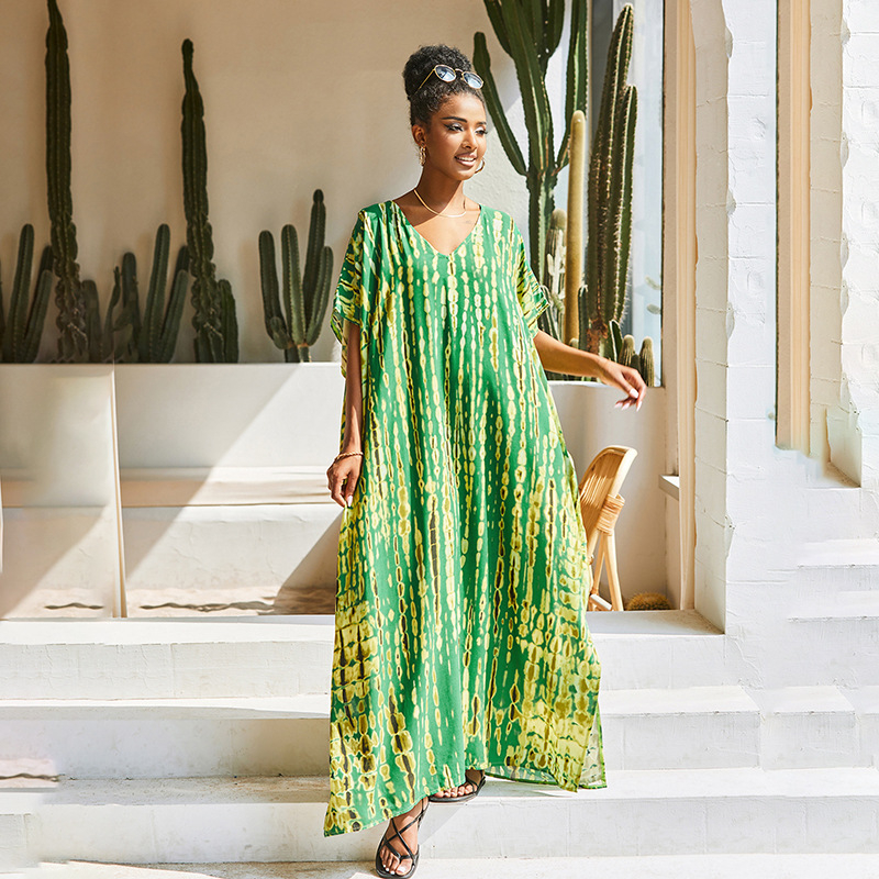 Cover-up de plajă cu decolteu în V, robă lungă, model gradient; țesătură exterioară rayon cu 100% bumbac; căptușeală rayon cu 100% bumbac; 300 g/m²; pentru înot