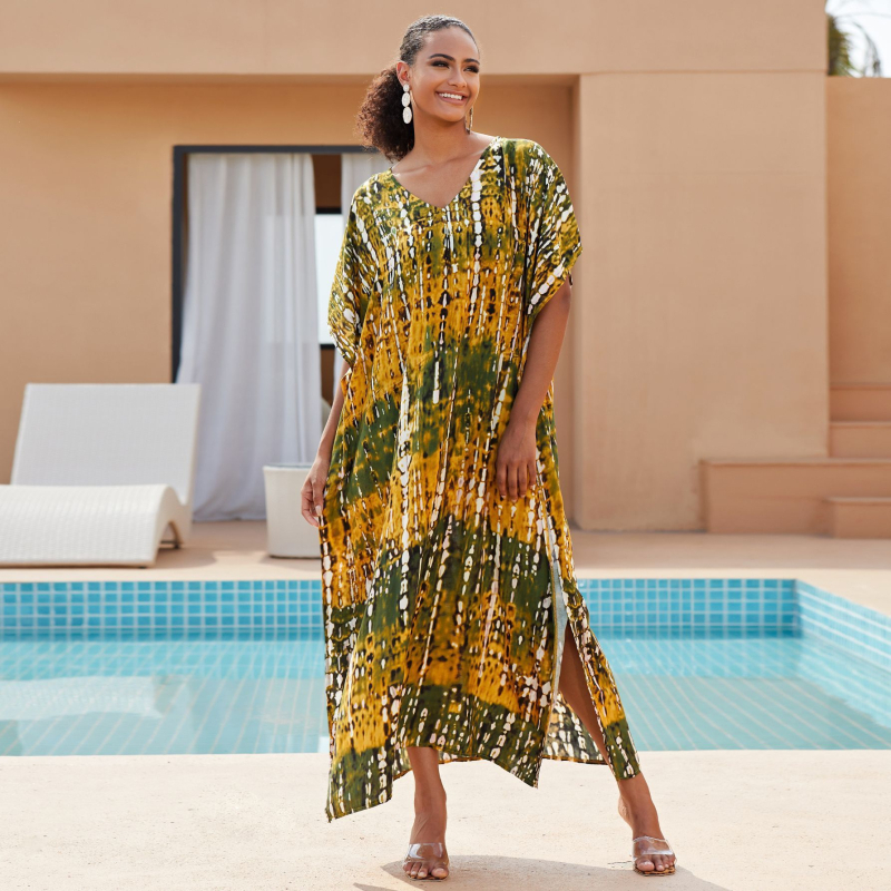 Cover-up de plajă cu decolteu în V, robă lungă, model gradient; țesătură exterioară rayon cu 100% bumbac; căptușeală rayon cu 100% bumbac; 300 g/m²; pentru înot