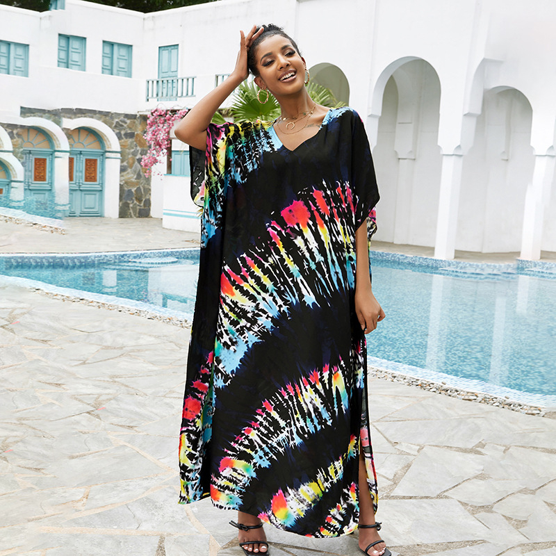 Cover-up de plajă cu decolteu în V, robă lungă, model gradient; țesătură exterioară rayon cu 100% bumbac; căptușeală rayon cu 100% bumbac; 300 g/m²; pentru înot