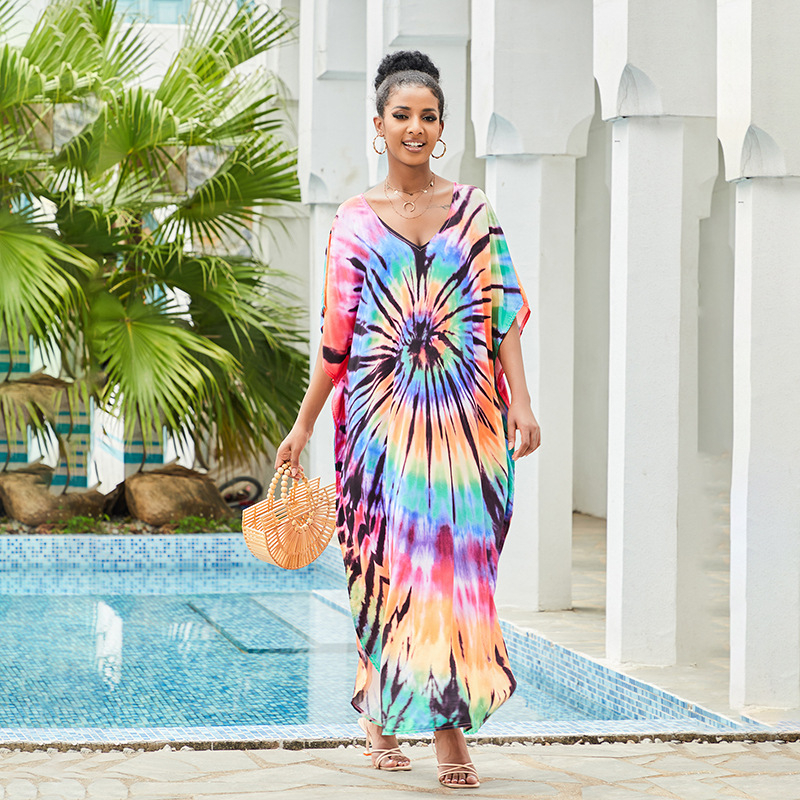 Cover-up de plajă cu decolteu în V, robă lungă, model gradient; țesătură exterioară rayon cu 100% bumbac; căptușeală rayon cu 100% bumbac; 300 g/m²; pentru înot