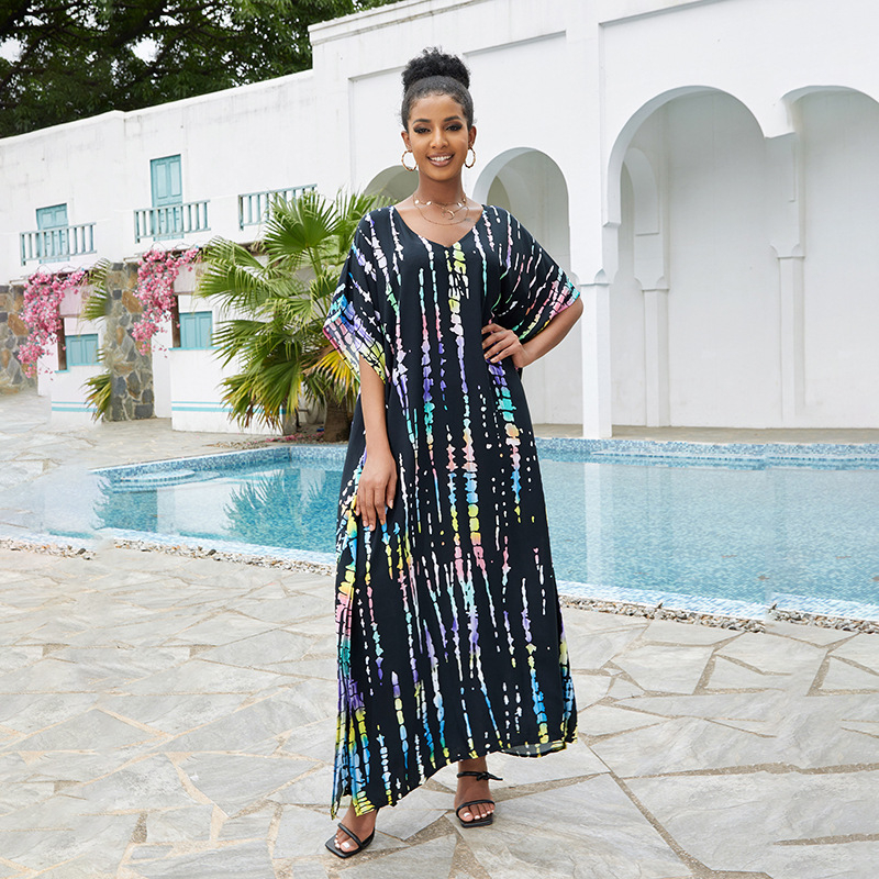 Cover-up de plajă cu decolteu în V, robă lungă, model gradient; țesătură exterioară rayon cu 100% bumbac; căptușeală rayon cu 100% bumbac; 300 g/m²; pentru înot