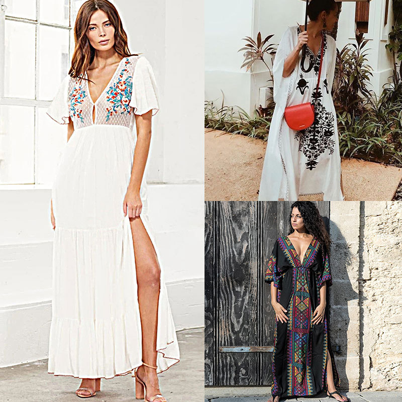 Robe de plajă lungă cu broderie din rayon; căptușeală: rayon, 100% bumbac; stil: îmbrăcăminte de plajă; pentru femei 18–24 ani