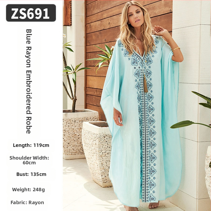 Robe de plajă lungă cu broderie din rayon; căptușeală: rayon, 100% bumbac; stil: îmbrăcăminte de plajă; pentru femei 18–24 ani