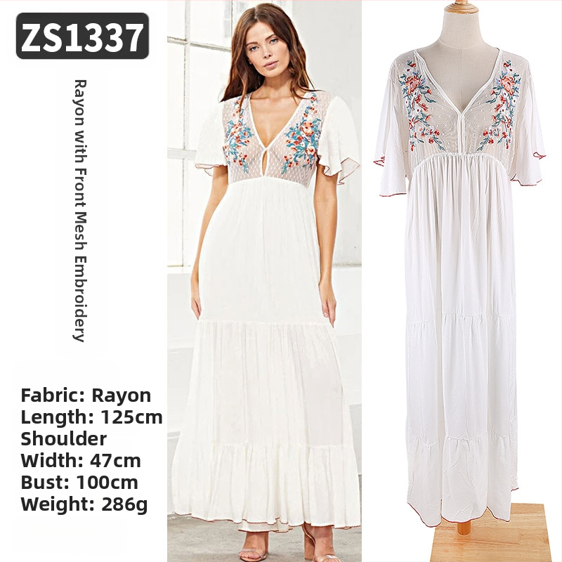 Robe de plajă lungă cu broderie din rayon; căptușeală: rayon, 100% bumbac; stil: îmbrăcăminte de plajă; pentru femei 18–24 ani