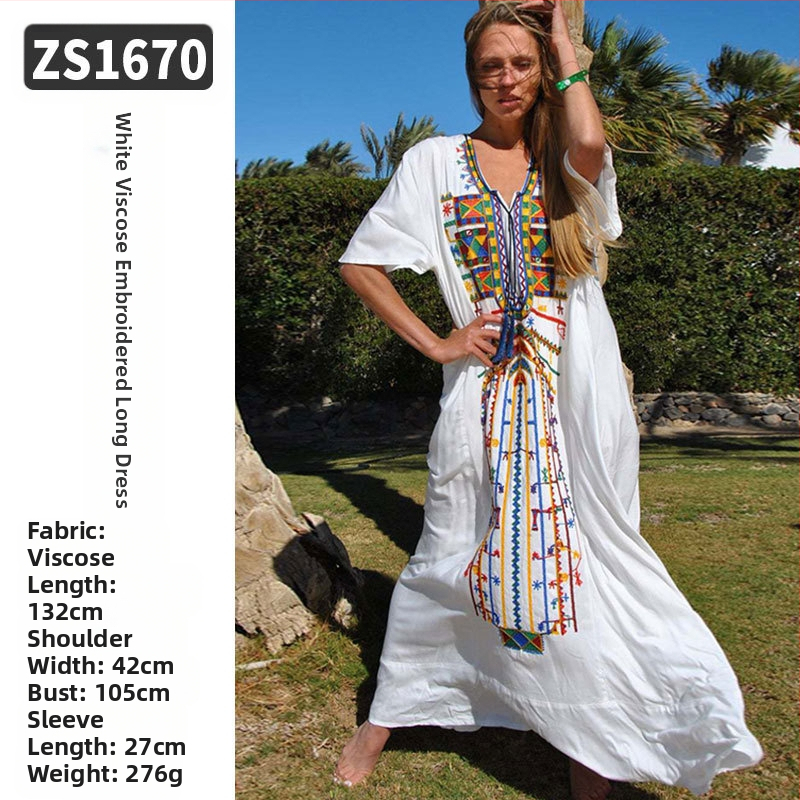 Robe de plajă lungă cu broderie din rayon; căptușeală: rayon, 100% bumbac; stil: îmbrăcăminte de plajă; pentru femei 18–24 ani