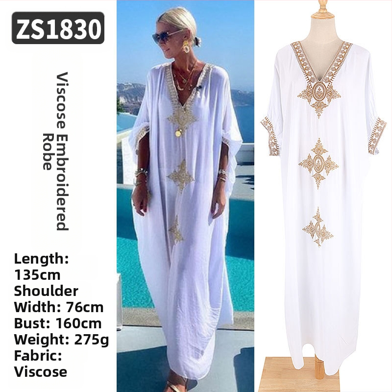 Robe de plajă lungă cu broderie din rayon; căptușeală: rayon, 100% bumbac; stil: îmbrăcăminte de plajă; pentru femei 18–24 ani