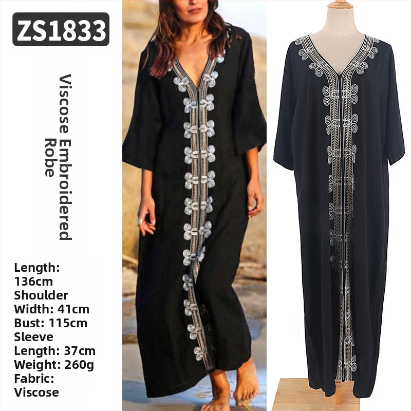 Robe de plajă lungă cu broderie din rayon; căptușeală: rayon, 100% bumbac; stil: îmbrăcăminte de plajă; pentru femei 18–24 ani