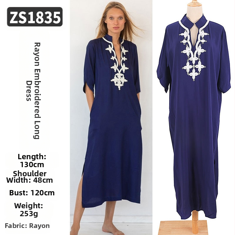 Robe de plajă lungă cu broderie din rayon; căptușeală: rayon, 100% bumbac; stil: îmbrăcăminte de plajă; pentru femei 18–24 ani